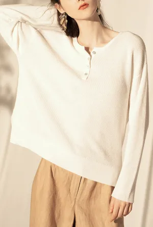 White Loose Wool Knit Pullover Sweater