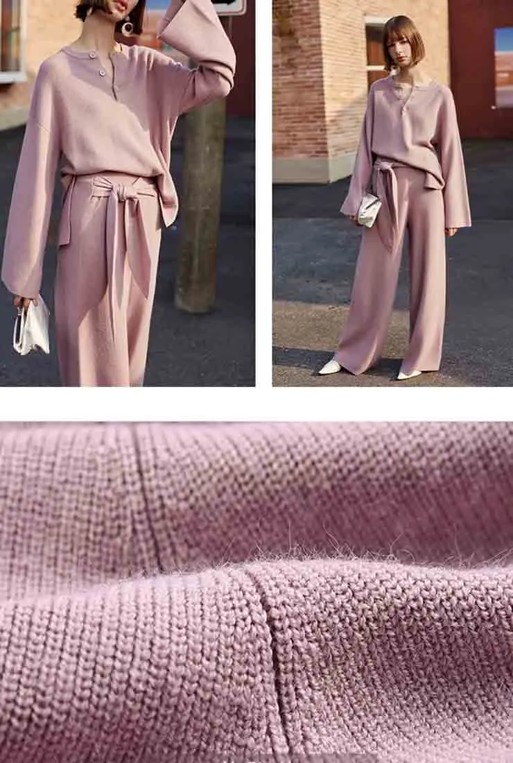 Wool Blend Knit Wide Leg Straight Pants Pullovers